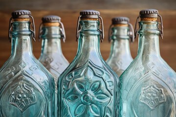 Five aqua-colored glass bottles with embossed floral patterns and metal swing-top closures are arranged in a row against a blurred wood background. The central bottle is in sharp focus.