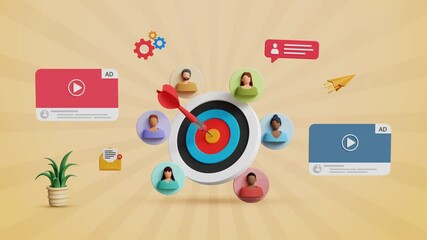 Target audience, targeted ads strategy, marketing segmentation, customer acquisition, online campaign, customer centric strategies. 3D arrow in dartboard center and target customers. 4K 3D animation