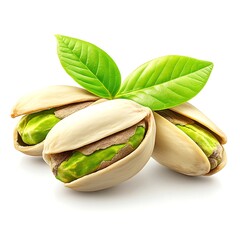 Several opened nuts and green leaves on a surface.