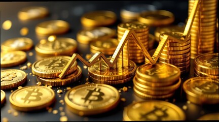 Digital currency coins with a rising graph trend in a dark background.
