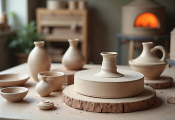 Clay pottery items arranged in workshop setting