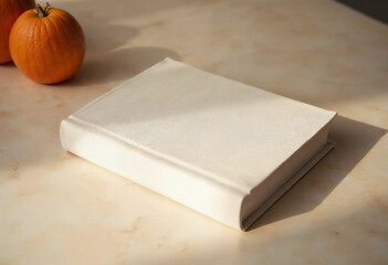 Closed book next to small pumpkin on table