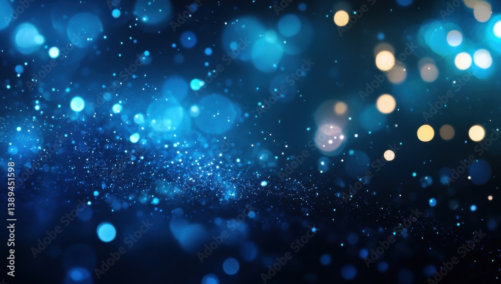 Poster blue bokeh lights on a dark background, glowing particles, and stars create an abstract glitter effe