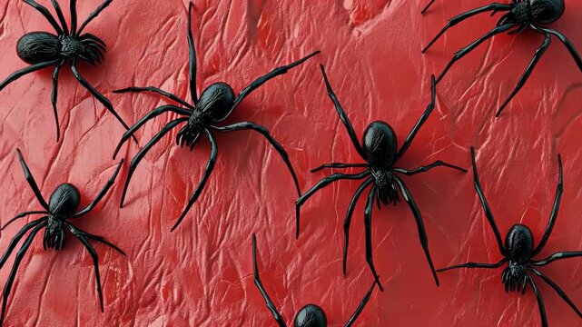 Black widow spider silhouettes create striking patterns on vibrant red background, Black widow spider silhouettes 3d seamless bright red