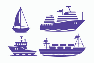 Four Different Types of Vessels Silhouettes in Purple
