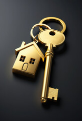 Golden house key with home-shaped keychain on dark background.