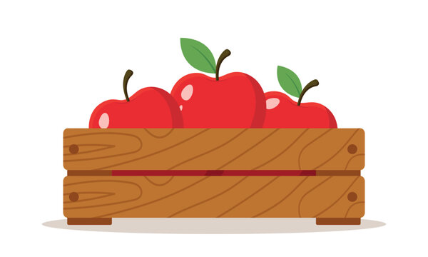 Freshly picked apples in a wooden box with green leaves  Flat cute apple fruit icon clipart cartoon animated vector illustration on white isolated background
