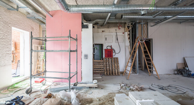 Renovation Site with Scaffolding and Construction Tools