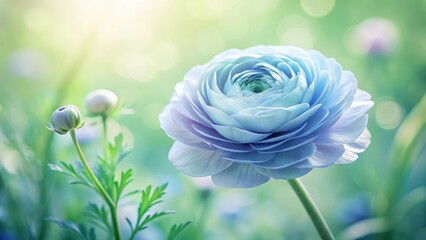 Obraz premium A serene pastel blue flower blossoms in a sunlit garden, delicate petals unfurl amidst soft green foliage, a tranquil scene of springtime beauty.