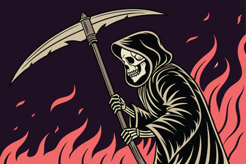 80 Grim reaper, skeleton, scythe, hooded figure, flames, fire background, dark atmosphere, gothic art, vibrant colors, digital illustration, symmetrical composition, detailed artwork, menacing pose, d