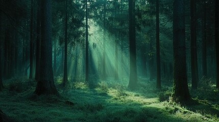 Fototapeta premium Golden sunlight filtering through towering pine trees in a misty forest, lush greenery, soft background blur, and tranquil natural landscapes with dramatic light and shadow effects.