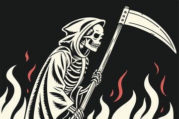 80 Grim reaper, skeleton, scythe, hooded figure, flames, fire background, dark atmosphere, gothic art, vibrant colors, digital illustration, symmetrical composition, detailed artwork, menacing pose, d