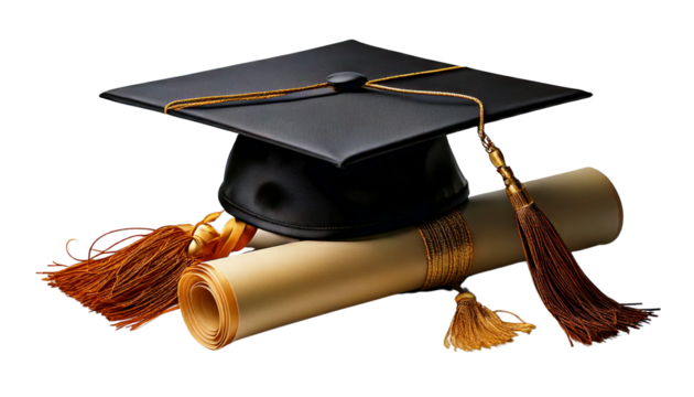 graduation cap and diploma scroll, isolated on transparent background