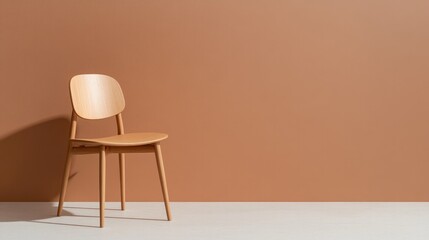 Minimalist design showcases wooden chair against warm brown wall