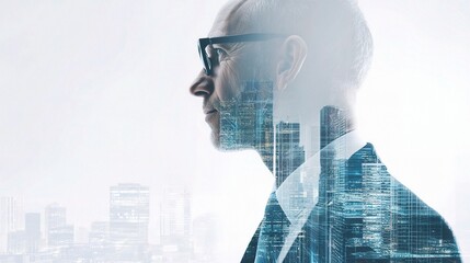 Double Exposure of Businessman in Modern City Landscape