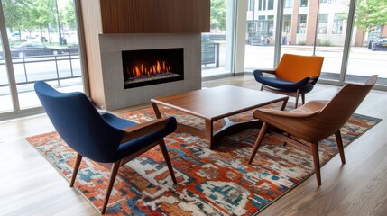Fototapeta premium A modern indoor setting with stylish chairs and a cozy fireplace invites warmth and gathering.
