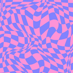 Psychedelic Checkerboard Background with Retro Colors. Trippy design with distortion grid effect. Twisted wavy and groovy geometrical chessboard. Distorted funky 70s hippie art