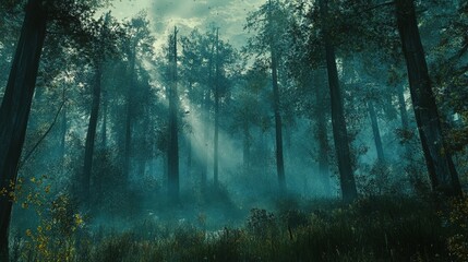 Obraz premium Golden sunlight filtering through towering pine trees in a misty forest, lush greenery, soft background blur, and tranquil natural landscapes with dramatic light and shadow effects.