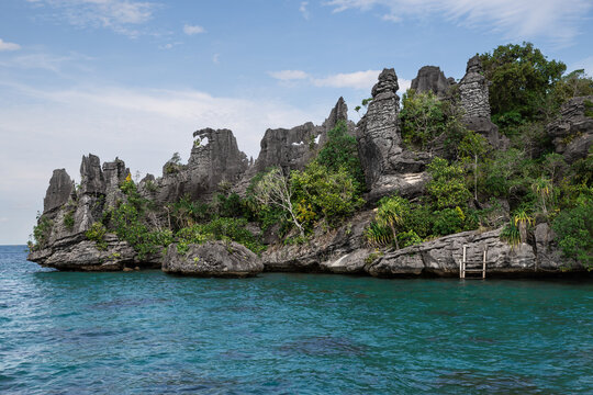 Scenic view of Raja Ampat rocky coastline from eye level