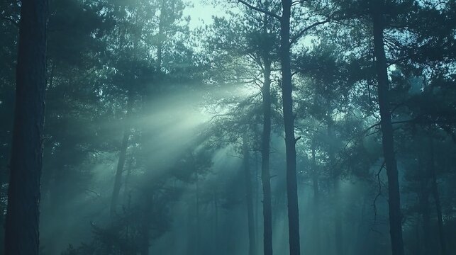 Golden sunlight filtering through towering pine trees in a misty forest, lush greenery, soft background blur, and tranquil natural landscapes with dramatic light and shadow effects.