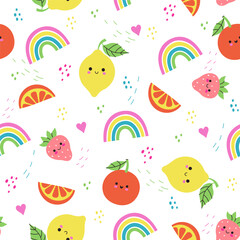 Seamless pattern with cute fruits and rainbows. Vector graphics.
