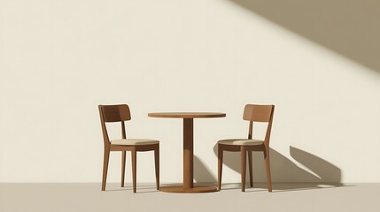 Minimalist round table and two chairs.