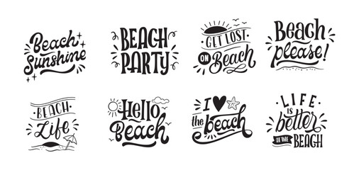 Set Monochrome lettering beach stickers collection