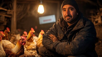 Farmer with Chickens in Cozy Barn Under Warm Light Source