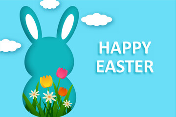Happy Easter banner and poster paper cut bunny and clouds, beautiful tulip flowers vector illustration.