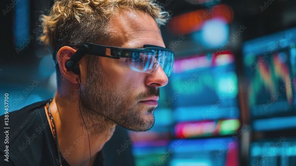 Poster trader using augmented reality glasses while analyzing market data