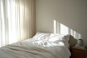 Cozy bedroom bathed in soft sunlight, showcasing minimalistic de