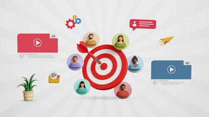 Know your customer, KYC concept. Target audience, refine marketing strategy, customer satisfaction, digital ads, online campaign. 3D dart in bullseye center with targeted customers. 4K 3D animation