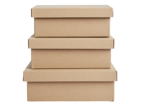 Modern home office organization top view of stacked cardboard boxes on a clean cutout background