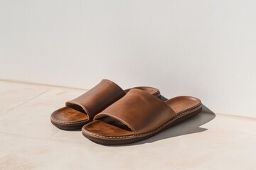 Stylish brown leather sandals resting on light surface, showcasi