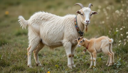 Obraz premium White Goat and Brown Kid in a Green Pasture