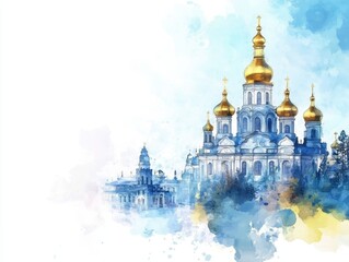 Obraz premium Ukrainian Orthodox Church with Golden Domes Urban Landscape Digital Art Serene Environment Aerial View Religious Heritage