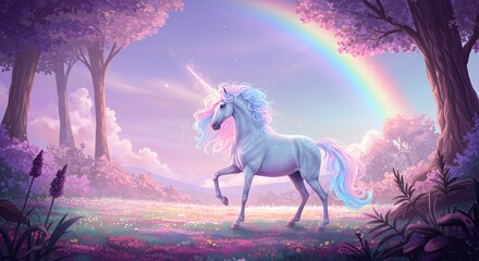 Obraz premium Magical Unicorn in a Dreamlike Rainbow Forest Fantasy Art Illustration