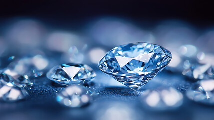 close up of sparkling diamonds on shimmering blue surface, showcasing their brilliance and clarity. image highlights intricate facets and reflective qualities of gemstones
