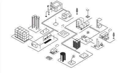 A black and white illustration depicting a logistics process