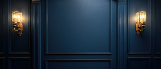 Elegant wall with sconces, deep blue color, sophisticated lighting, classic design, interior decor, luxury ambiance