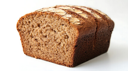 freshly baked loaf of banana bread with golden brown crust, topped with oats for added texture and visual appeal, sits on clean white background. bread appears moist and fluffy