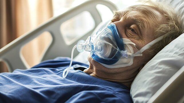 Senior man breathes with help of oxygen mask while lying in hospital bed, recovering from illness or surgery, receiving medical care and hoping for quick recovery
