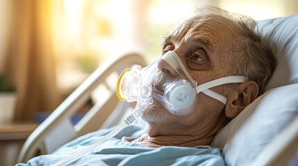 Elderly man resting in a hospital bed while wearing an oxygen mask, emphasizing the critical role of respiratory care for senior patients facing health challenges