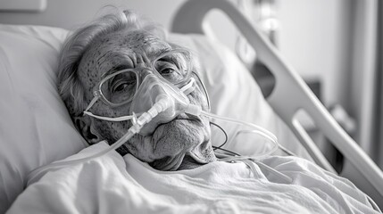 Close-up black and white portrait of a senior patient wearing an oxygen mask, lying in a hospital bed, highlighting the challenges of aging and healthcare