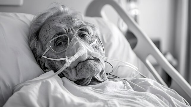 Close-up black and white portrait of a senior patient wearing an oxygen mask, lying in a hospital bed, highlighting the challenges of aging and healthcare