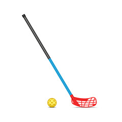 Floorball stick with red blade and yellow hollow plastic ball with holes isolated on white background, realistic 3d vector sports set equipment for indoor game.
