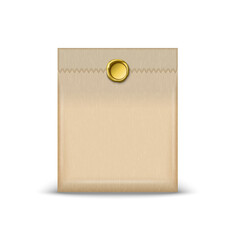 Kraft paper pouch realistic 3d vector mockup with golden wax seal and serrated top edge isolated on white, minimal packaging for organic products, eco-friendly gift wrapping, sustainable food storage.