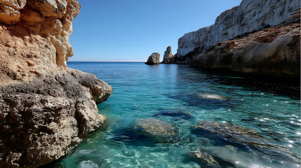 serene coastal scene featuring crystal clear turquoise waters, rugged limestone cliffs, and bright blue sky. tranquil atmosphere highlights natural beauty of rocky shoreline and calm sea