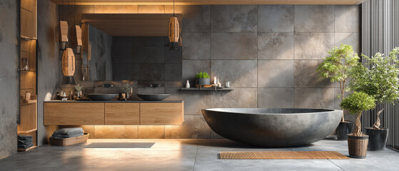 Modern bathroom design features sleek bathtub, wooden cabinetry, and natural elements, creating serene atmosphere