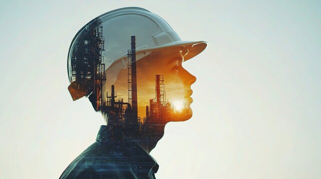 Double Exposure of Engineer with Safety Helmet Against Industrial Scene